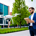 A professional individual, fully clothed in a modest business casual outfit, stands in a vibrant, futuristic urban park. A sleek, small autonomous delivery drone hovers nearby, gently lowering a package towards the person. Modern architecture and integrated green spaces form the background, showcasing a clean, well-maintained city environment and efficient, data-driven service delivery. safe for work, appropriate content, fully clothed, professional, perfect anatomy, correct proportions, natural pose, well-formed hands, proper finger count, natural body proportions, high quality urban photography.