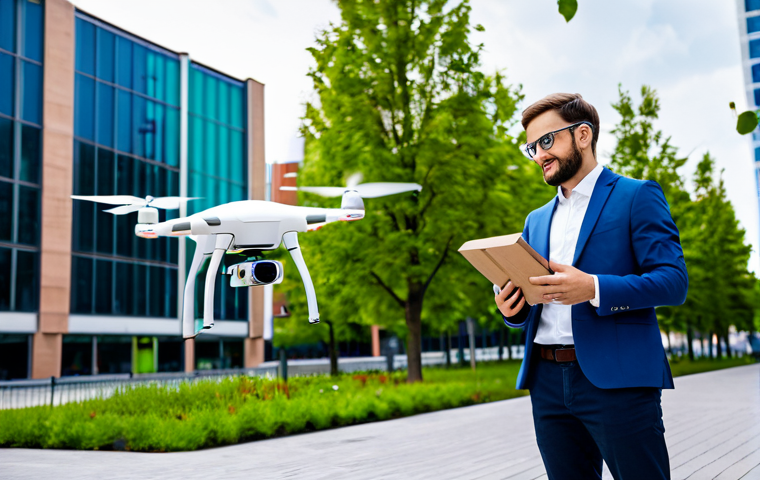 A professional individual, fully clothed in a modest business casual outfit, stands in a vibrant, futuristic urban park. A sleek, small autonomous delivery drone hovers nearby, gently lowering a package towards the person. Modern architecture and integrated green spaces form the background, showcasing a clean, well-maintained city environment and efficient, data-driven service delivery. safe for work, appropriate content, fully clothed, professional, perfect anatomy, correct proportions, natural pose, well-formed hands, proper finger count, natural body proportions, high quality urban photography.