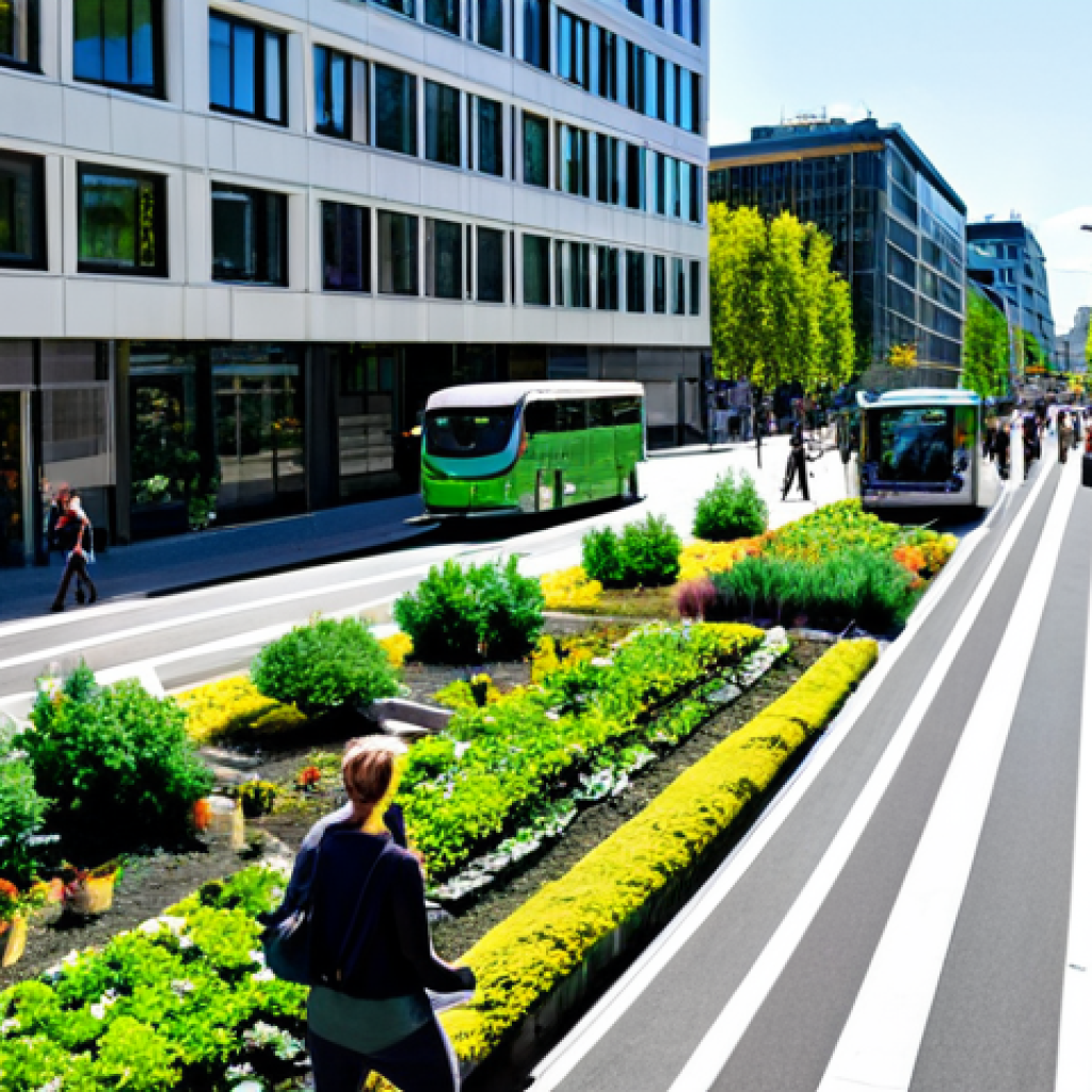 **Image Prompt:** "A vibrant, pedestrian-friendly street in a compact, modern city. Buildings are close together, featuring rooftop gardens and solar panels. People are walking and cycling along protected bike lanes. In the background, a self-driving bus is smoothly navigating traffic. The scene emphasizes green spaces and sustainable transportation. Safe for work, appropriate content, fully clothed people, professional urban design, perfect anatomy, natural proportions, bright daylight, family-friendly."