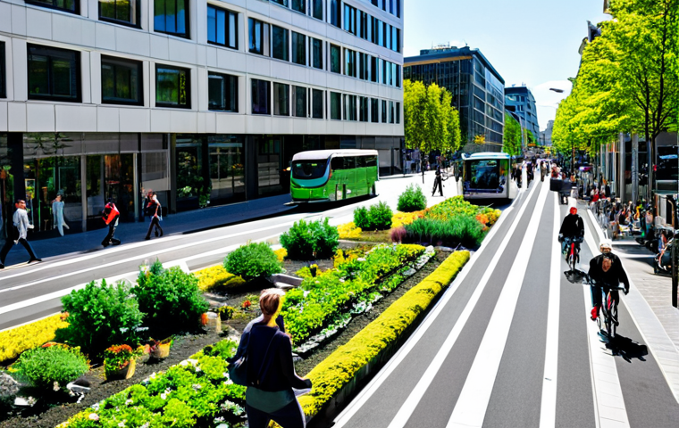 **Image Prompt:** "A vibrant, pedestrian-friendly street in a compact, modern city. Buildings are close together, featuring rooftop gardens and solar panels. People are walking and cycling along protected bike lanes. In the background, a self-driving bus is smoothly navigating traffic. The scene emphasizes green spaces and sustainable transportation. Safe for work, appropriate content, fully clothed people, professional urban design, perfect anatomy, natural proportions, bright daylight, family-friendly."