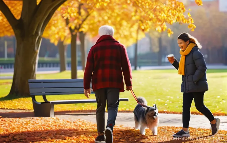 자율주행 도시 설계의 윤리적 고려사항 - A bustling urban park on a sunny autumn afternoon. A diverse group of people are enjoying various ac...