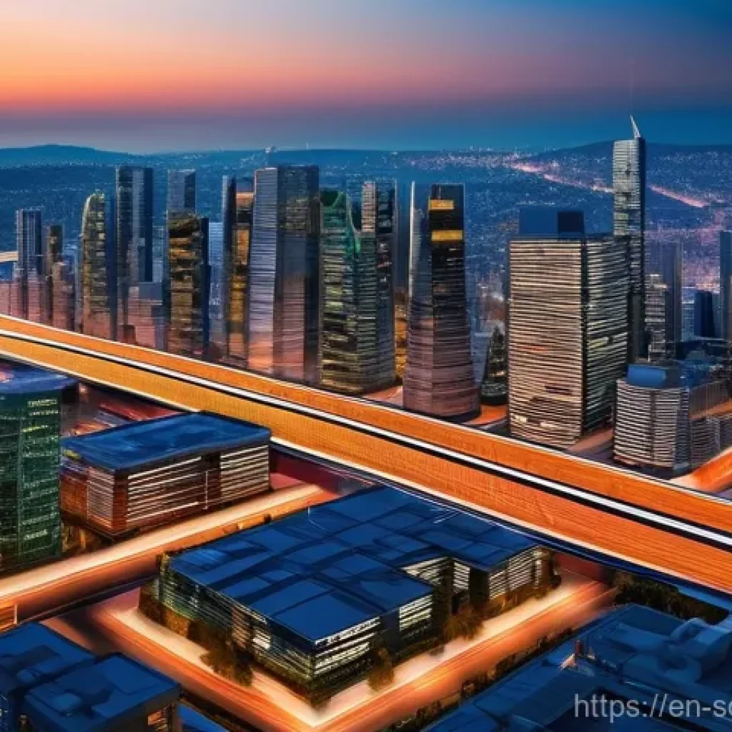 자율주행 도시 설계에 필요한 기술적 요소 - **Prompt:** A sprawling, futuristic autonomous city at dusk, viewed from a slightly elevated perspec...