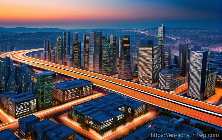 자율주행 도시 설계에 필요한 기술적 요소 - **Prompt:** A sprawling, futuristic autonomous city at dusk, viewed from a slightly elevated perspec...