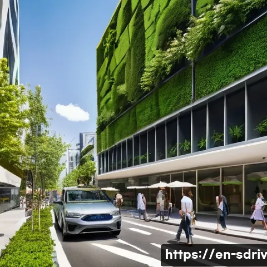 자율주행 도시의 교통 혼잡 완화 전략 - **Prompt:** "A sun-drenched, pedestrian-friendly street in a futuristic cityscape. Lush green trees ...