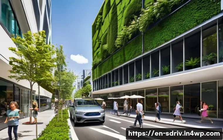 자율주행 도시의 교통 혼잡 완화 전략 - **Prompt:** "A sun-drenched, pedestrian-friendly street in a futuristic cityscape. Lush green trees ...