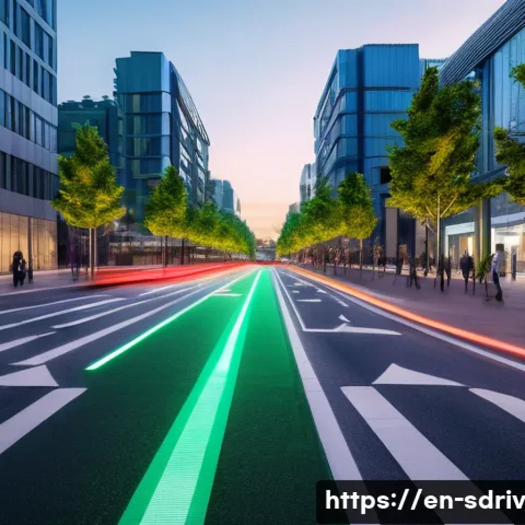 자율주행 도시에서의 정보 제공 시스템 - A futuristic urban street scene at dusk featuring autonomous electric vehicles seamlessly interactin...