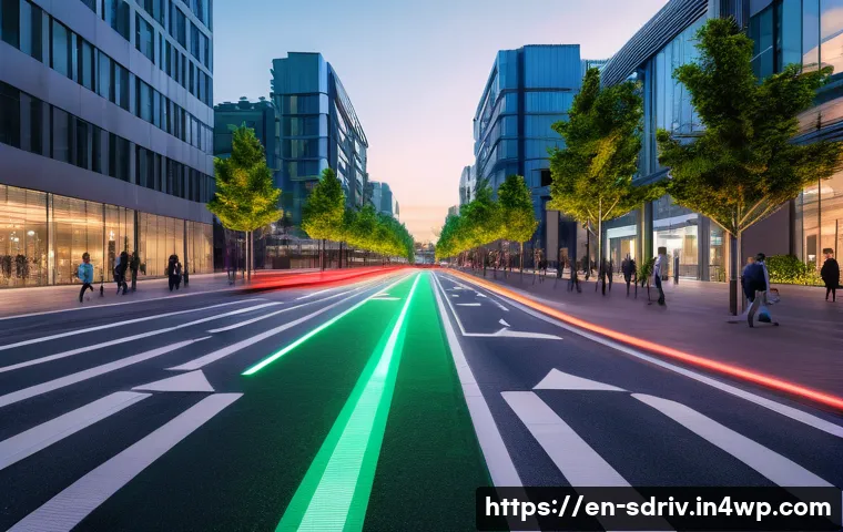자율주행 도시에서의 정보 제공 시스템 - A futuristic urban street scene at dusk featuring autonomous electric vehicles seamlessly interactin...
