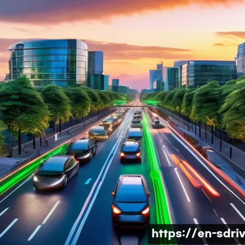 자율주행 도시에서의 데이터 기반 의사결정 - A futuristic urban intersection at dusk showcasing adaptive traffic flow management: multiple smart ...