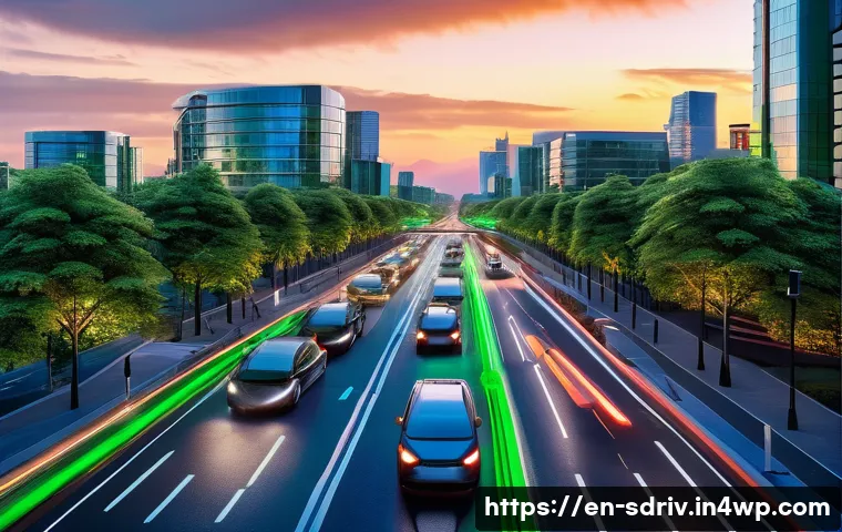 자율주행 도시에서의 데이터 기반 의사결정 - A futuristic urban intersection at dusk showcasing adaptive traffic flow management: multiple smart ...