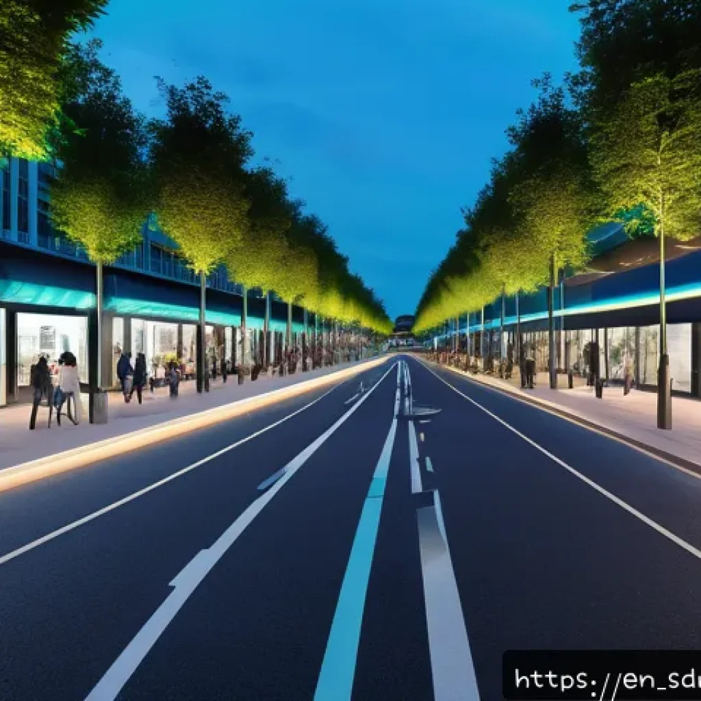 자율주행 도시 설계의 비전과 계획 - A futuristic city street scene at dusk featuring smart infrastructure designed for autonomous mobili...