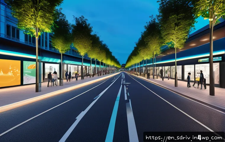 자율주행 도시 설계의 비전과 계획 - A futuristic city street scene at dusk featuring smart infrastructure designed for autonomous mobili...