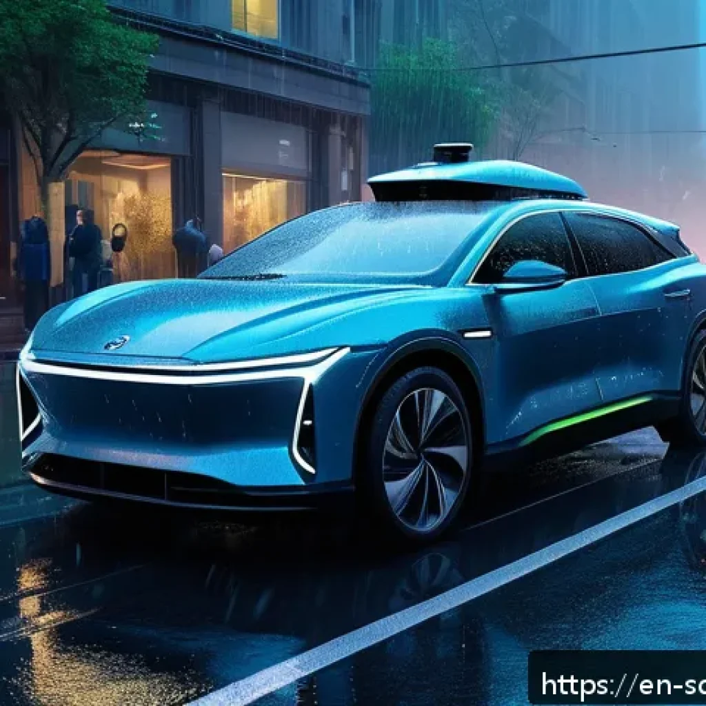 자율주행차의 사고 위험 분석 및 관리 - A futuristic autonomous vehicle navigating through heavy rain and dense fog on a busy urban street a...