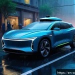 자율주행차의 사고 위험 분석 및 관리 - A futuristic autonomous vehicle navigating through heavy rain and dense fog on a busy urban street a...