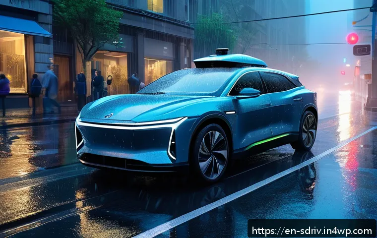 자율주행차의 사고 위험 분석 및 관리 - A futuristic autonomous vehicle navigating through heavy rain and dense fog on a busy urban street a...