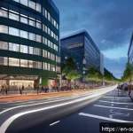 자율주행 도시의 인구 밀도와 교통 계획 - A futuristic urban street scene at dusk showcasing autonomous electric vehicles smoothly navigating ...