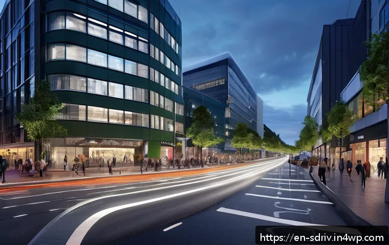 자율주행 도시의 인구 밀도와 교통 계획 - A futuristic urban street scene at dusk showcasing autonomous electric vehicles smoothly navigating ...