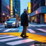 자율주행 차량과 보행자의 공존 전략 - A futuristic urban crosswalk scene at dusk in a busy North American city like Toronto, featuring emb...
