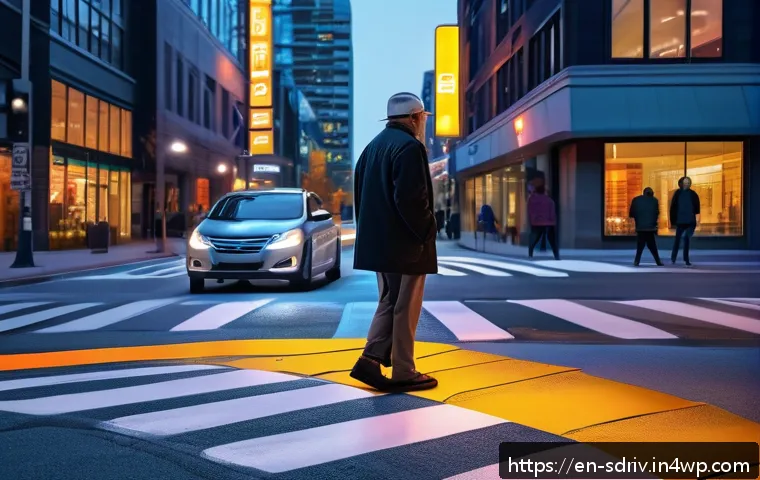 자율주행 차량과 보행자의 공존 전략 - A futuristic urban crosswalk scene at dusk in a busy North American city like Toronto, featuring emb...