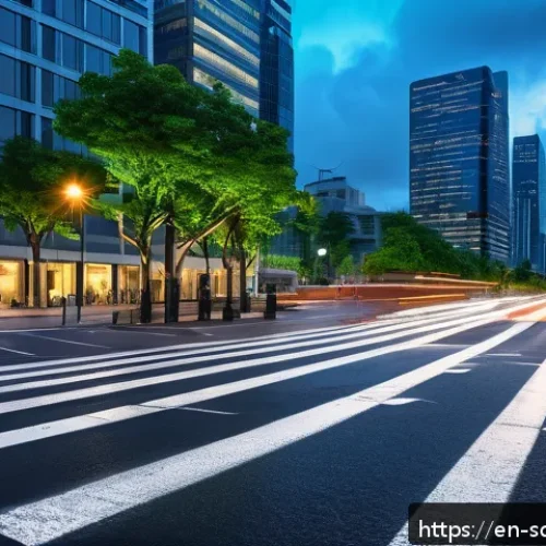 자율주행 도시의 통합형 교통 시스템 구축 - A futuristic urban intersection at dusk showcasing adaptive traffic signal control technology, with ...