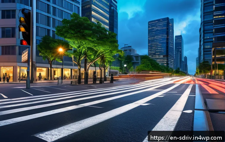 자율주행 도시의 통합형 교통 시스템 구축 - A futuristic urban intersection at dusk showcasing adaptive traffic signal control technology, with ...