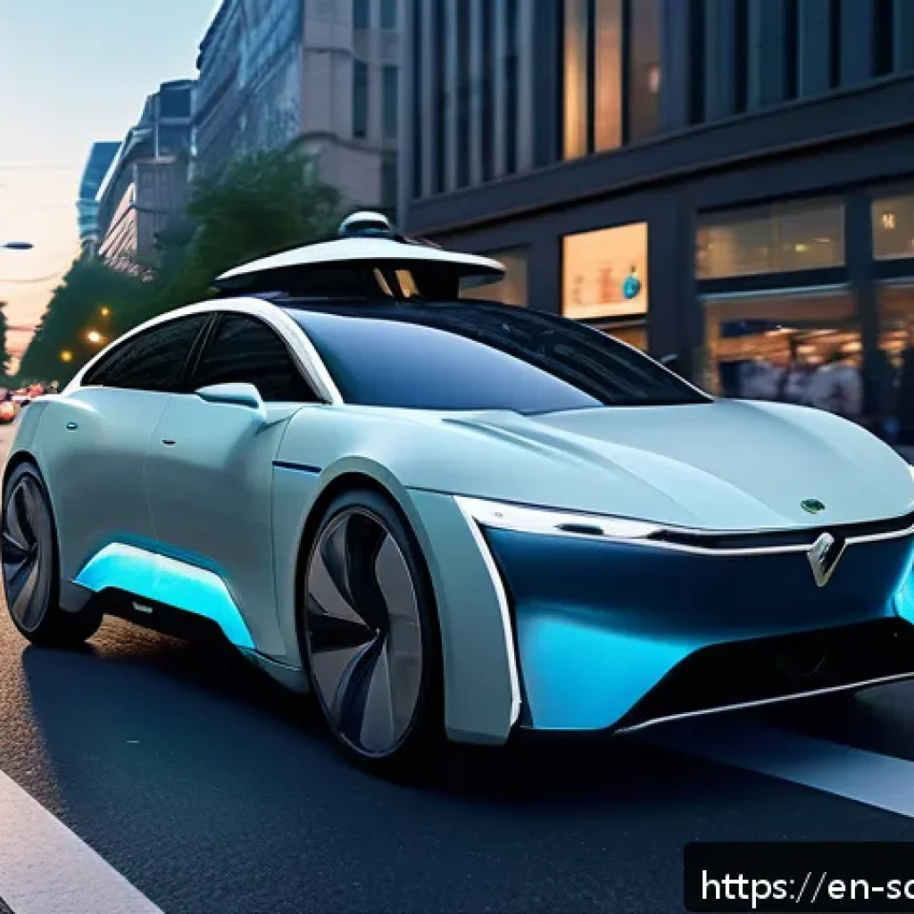 자율주행차의 통합 관리 시스템 - A futuristic autonomous vehicle driving through a busy urban environment at dusk, showcasing a 360-d...