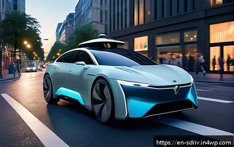 자율주행차의 통합 관리 시스템 - A futuristic autonomous vehicle driving through a busy urban environment at dusk, showcasing a 360-d...