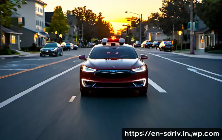 자율주행차의 교통 사고 방지 기술 - Photorealistic autonomous electric sedan approaching a busy suburban crosswalk at dusk, advanced saf...