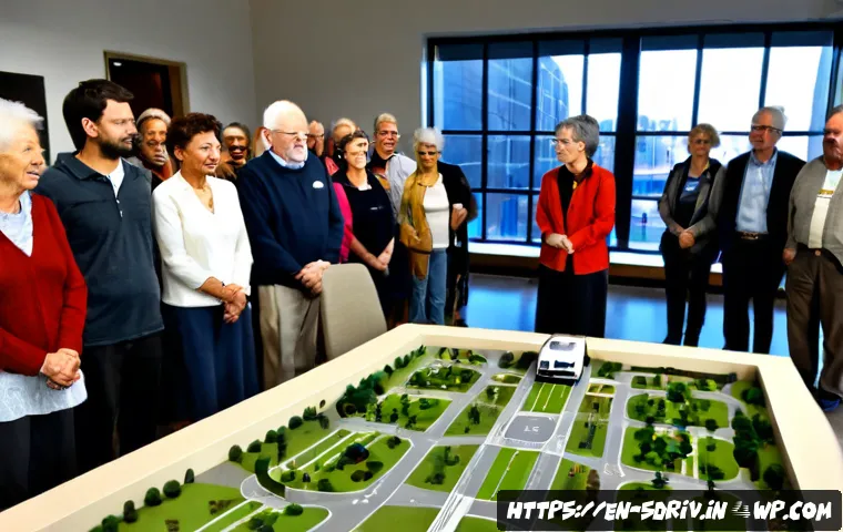 Home 15 자율주행 도시의 주민 참여 방안 - Photorealistic community workshop in a modern American city library, diverse residents including sen...