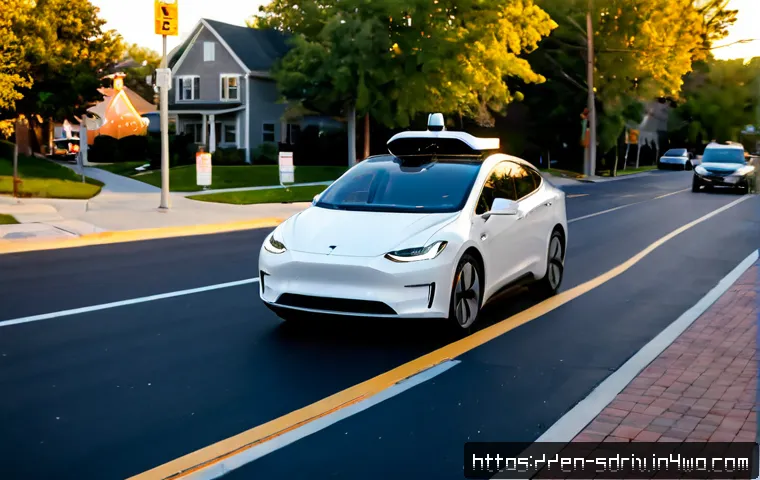 자율주행차의 기술적 발전과 사회적 수용 - Photorealistic autonomous electric car navigating a clean suburban American intersection at golden h...