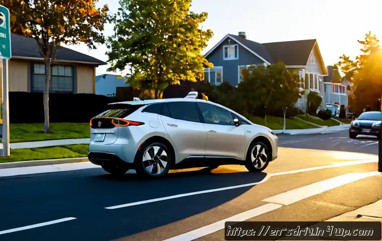 자율주행차의 다양한 운영 시나리오 - Photorealistic autonomous electric car navigating a quiet suburban school-zone street at dawn, safel...